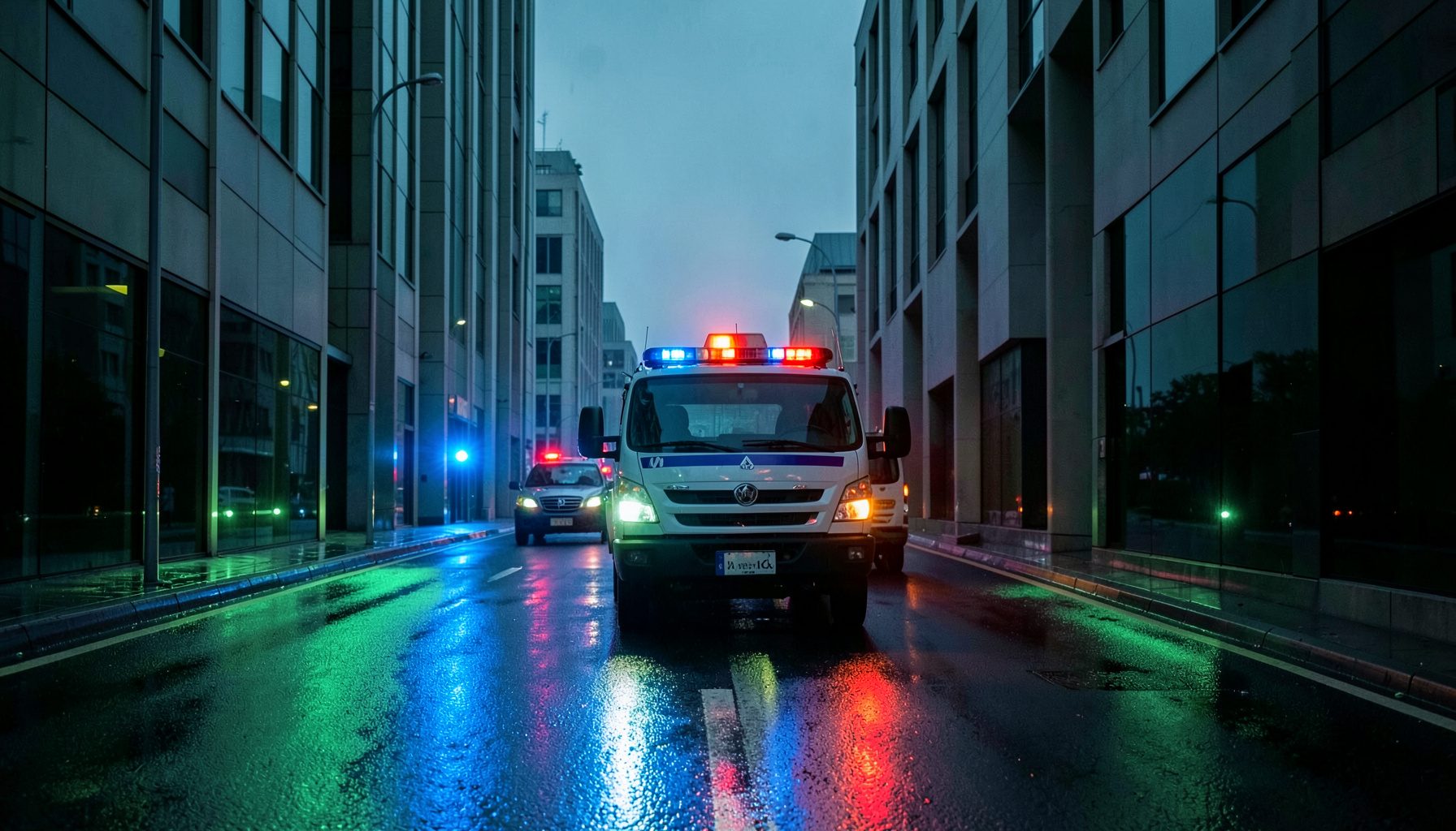 Trafik polisi aracının yanıp sönen mavi-kırmızı ışıkları, akşam saatlerinde ıslak asfalt üzerinde yansımalar.