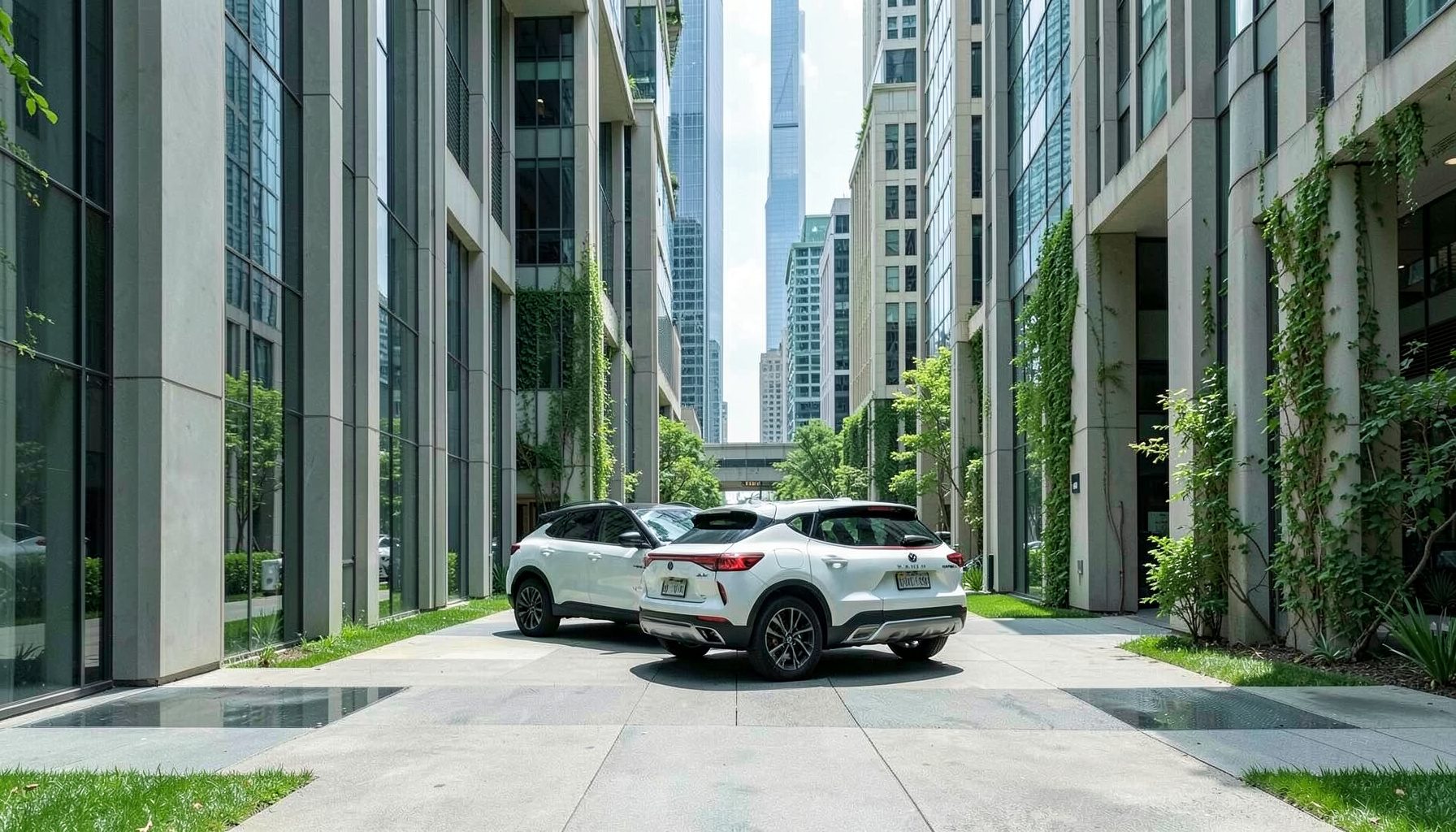 Şehir içinde park halinde beyaz bir crossover SUV, yüksek yerden yükseklik ve tavan raylarıyla dikkat çekiyor.